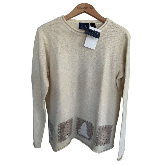 Crazy Horse Women's PL Cream Winter Tree Holiday Brights Wool Blend Sweater NWT - Picture 1 of 10